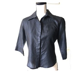 Goth crop shiny wax linen black button down shirt